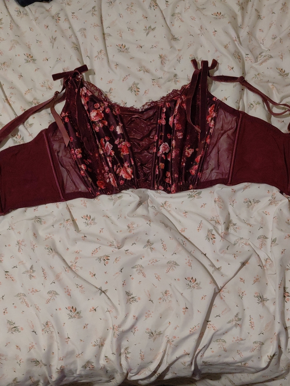 Victoria's Secret Burgundy Floral Velvet Corset Bralette with Lace Trim